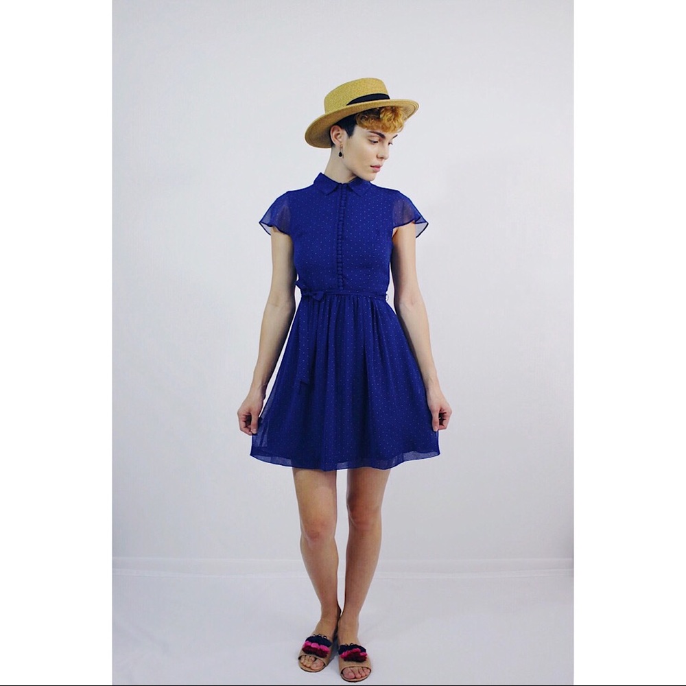 Kensie Blue Polka Dot Flutter Sleeve Dress